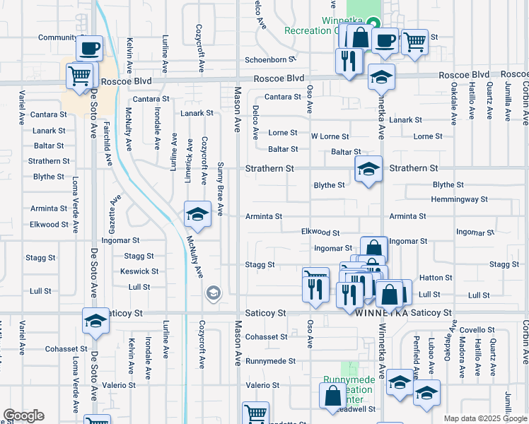 map of restaurants, bars, coffee shops, grocery stores, and more near 20415 Arminta Street in Los Angeles