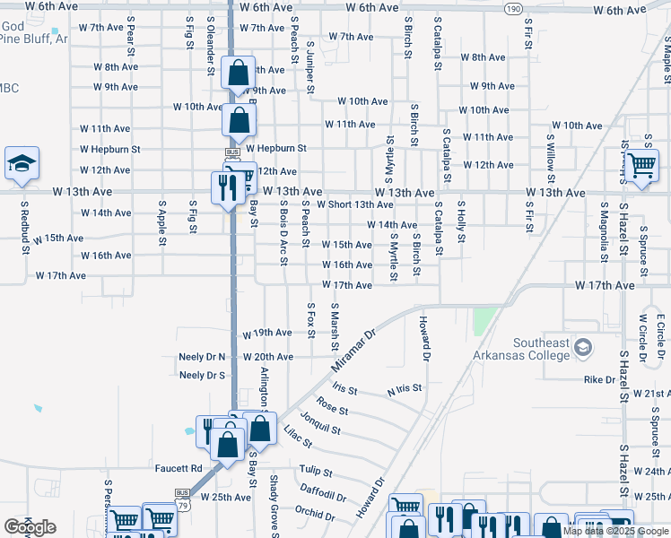 map of restaurants, bars, coffee shops, grocery stores, and more near 3420 West 16th Avenue in Pine Bluff