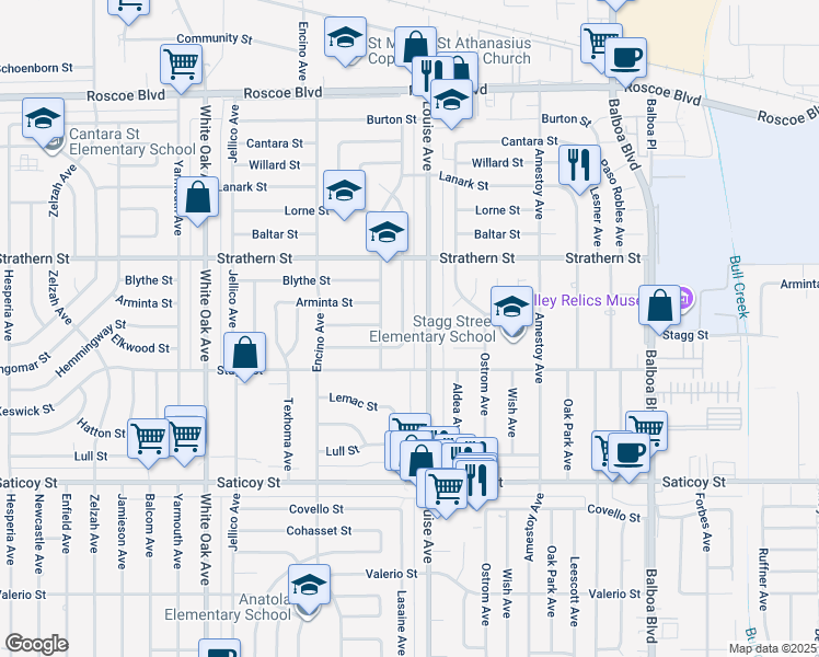 map of restaurants, bars, coffee shops, grocery stores, and more near 7842 Lasaine Avenue in Los Angeles