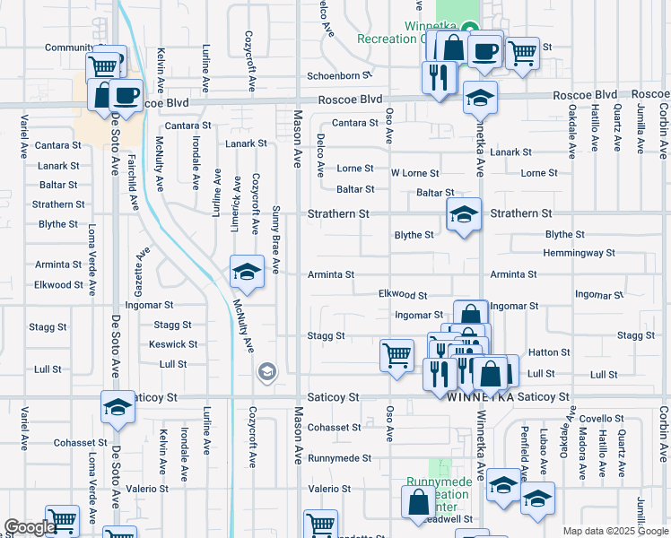 map of restaurants, bars, coffee shops, grocery stores, and more near 20415 Arminta Street in Los Angeles