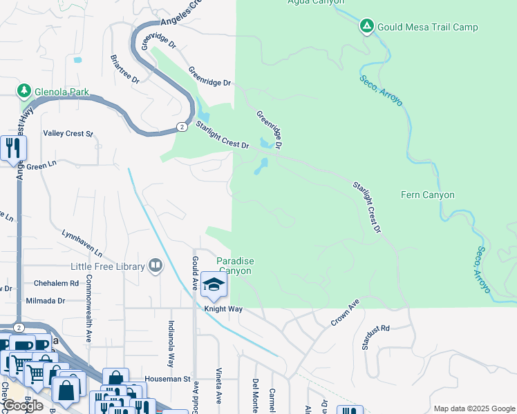 map of restaurants, bars, coffee shops, grocery stores, and more near 5419 Godbey Drive in La Cañada Flintridge