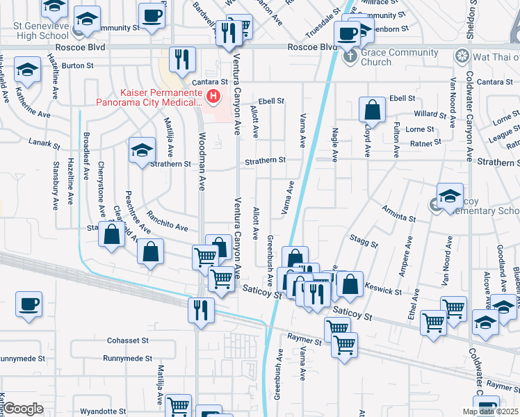 map of restaurants, bars, coffee shops, grocery stores, and more near 7844 Allott Avenue in Los Angeles