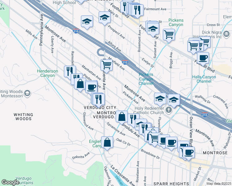 map of restaurants, bars, coffee shops, grocery stores, and more near 2729 Piedmont Avenue in Glendale