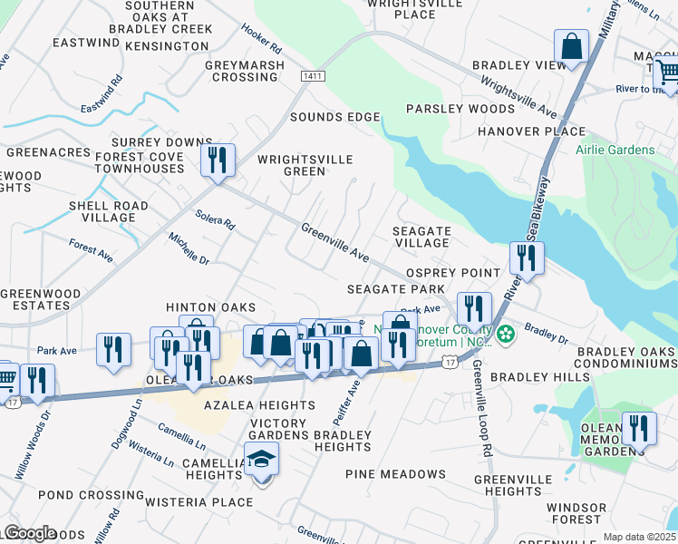 map of restaurants, bars, coffee shops, grocery stores, and more near 219 Greenville Avenue in Wilmington