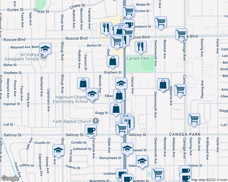 map of restaurants, bars, coffee shops, grocery stores, and more near 7851 Hanna Avenue in Los Angeles