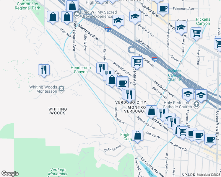 map of restaurants, bars, coffee shops, grocery stores, and more near 2950 Honolulu Avenue in Glendale