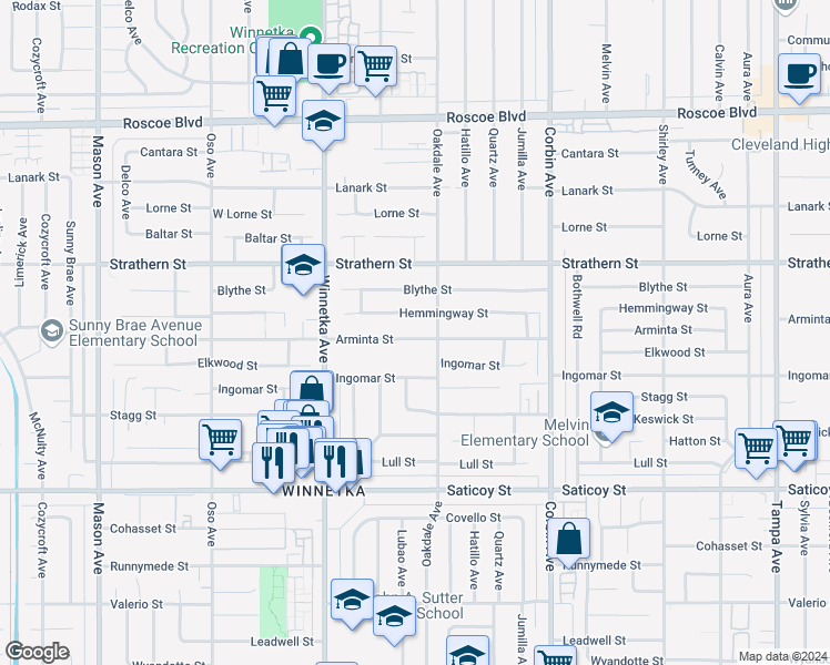 map of restaurants, bars, coffee shops, grocery stores, and more near 19923 Arminta Street in Los Angeles