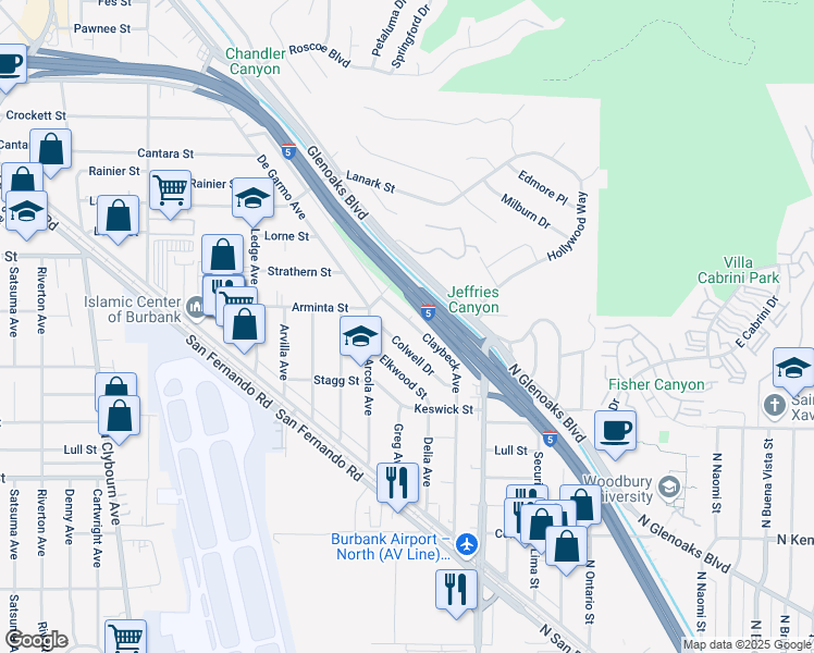 map of restaurants, bars, coffee shops, grocery stores, and more near 7863 Claybeck Avenue in Los Angeles