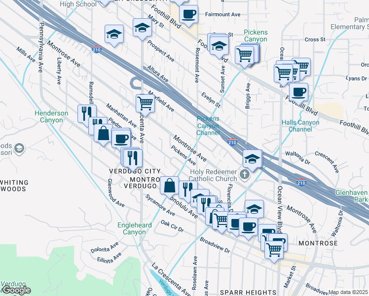 map of restaurants, bars, coffee shops, grocery stores, and more near 2622 Montrose Avenue in Glendale