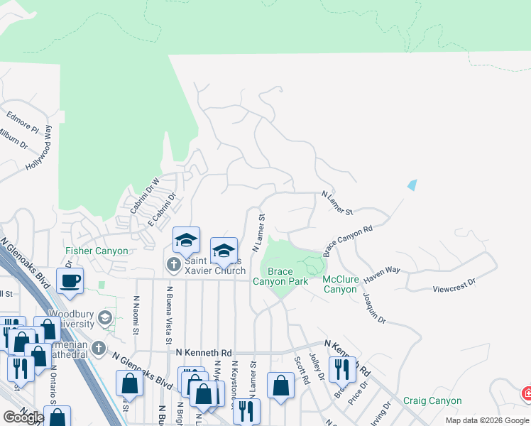 map of restaurants, bars, coffee shops, grocery stores, and more near 3050 North Lamer Street in Burbank