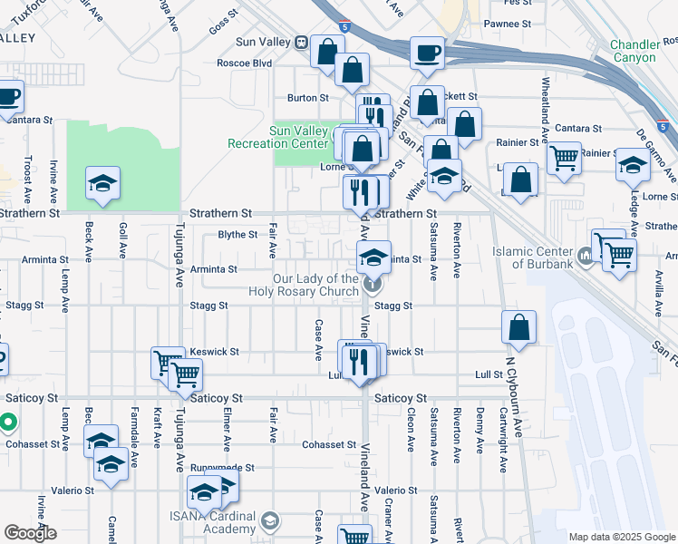 map of restaurants, bars, coffee shops, grocery stores, and more near 11014 Arminta Street in Los Angeles