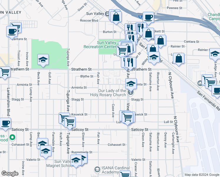 map of restaurants, bars, coffee shops, grocery stores, and more near 11060 Arminta Street in Los Angeles