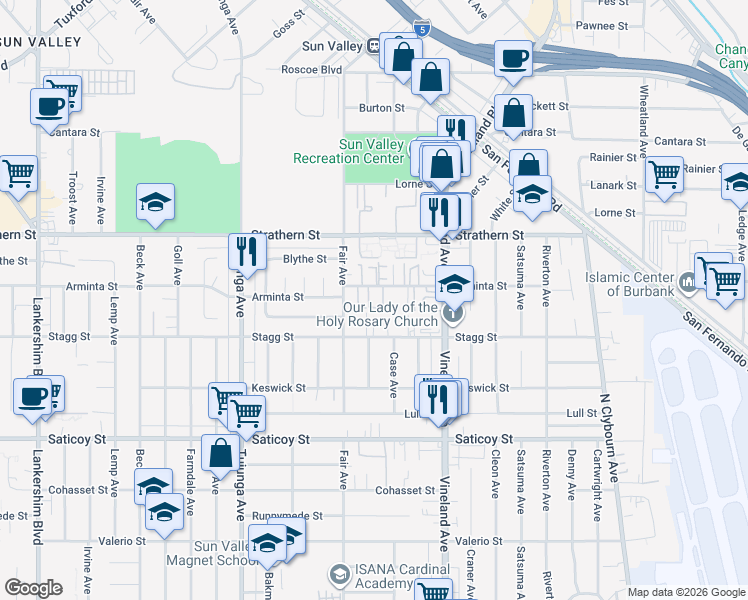 map of restaurants, bars, coffee shops, grocery stores, and more near 11134 Arminta Street in Los Angeles