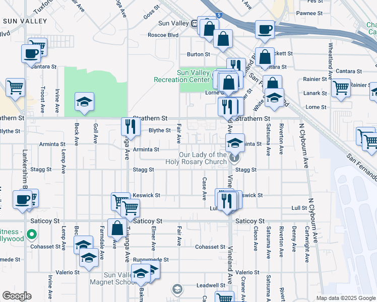map of restaurants, bars, coffee shops, grocery stores, and more near 11134 Arminta Street in Los Angeles