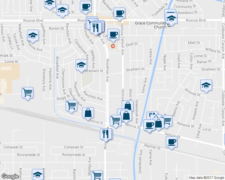 map of restaurants, bars, coffee shops, grocery stores, and more near 7851 Ventura Canyon Avenue in Los Angeles