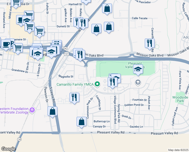 map of restaurants, bars, coffee shops, grocery stores, and more near 189 Westpark Court in Camarillo