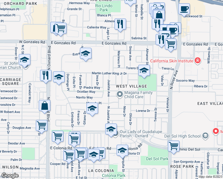map of restaurants, bars, coffee shops, grocery stores, and more near 1041 Cesar Chavez Drive in Oxnard