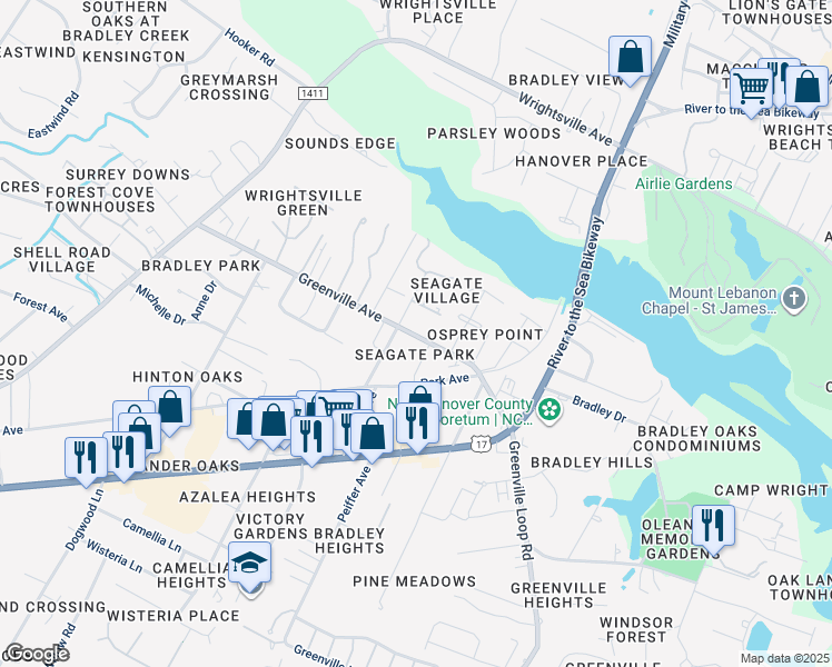 map of restaurants, bars, coffee shops, grocery stores, and more near 134 Greenville Avenue in Wilmington