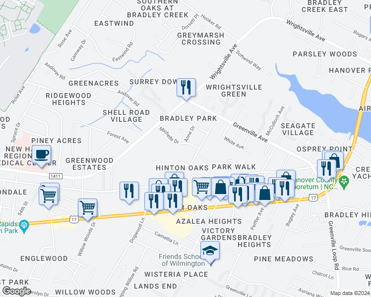 map of restaurants, bars, coffee shops, grocery stores, and more near 133 Hinton Avenue in Wilmington