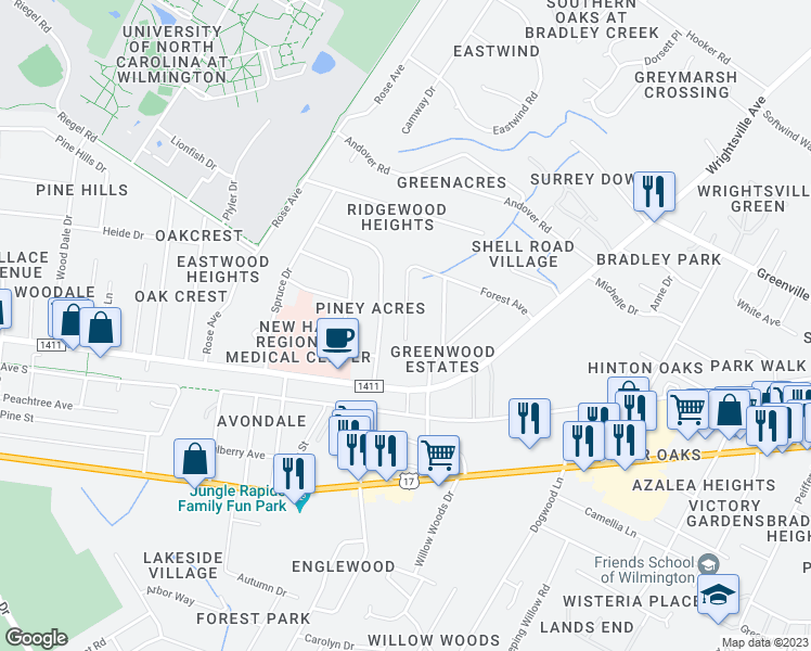map of restaurants, bars, coffee shops, grocery stores, and more near 1200 Greenwood Avenue in Wilmington