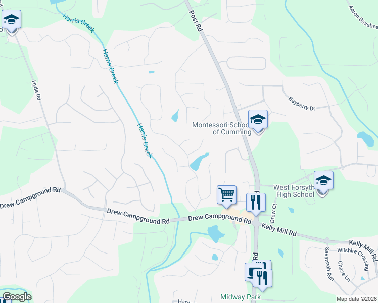 map of restaurants, bars, coffee shops, grocery stores, and more near 3910 Azurite Street in Cumming