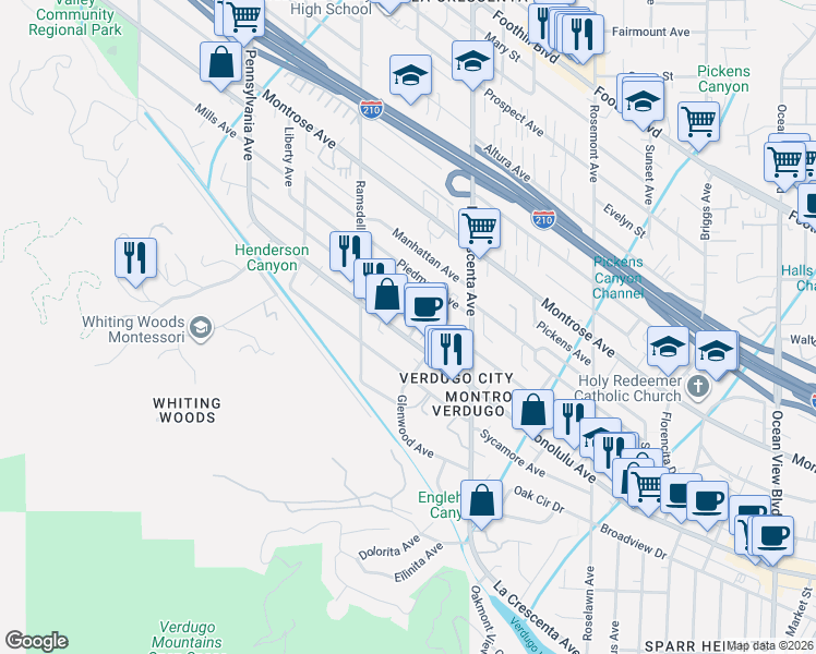 map of restaurants, bars, coffee shops, grocery stores, and more near 2931 Honolulu Avenue in Glendale