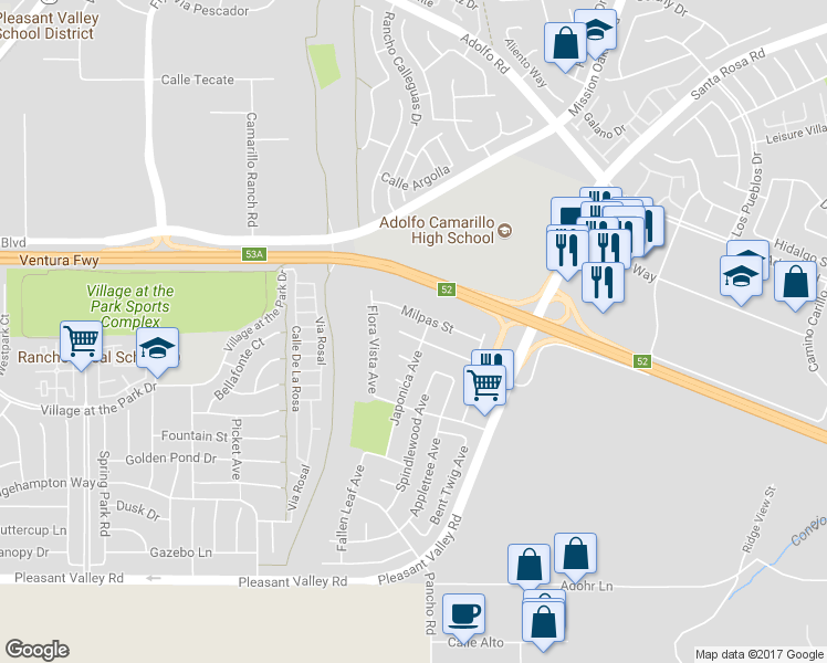 map of restaurants, bars, coffee shops, grocery stores, and more near 4387 Leatherwood Street in Camarillo