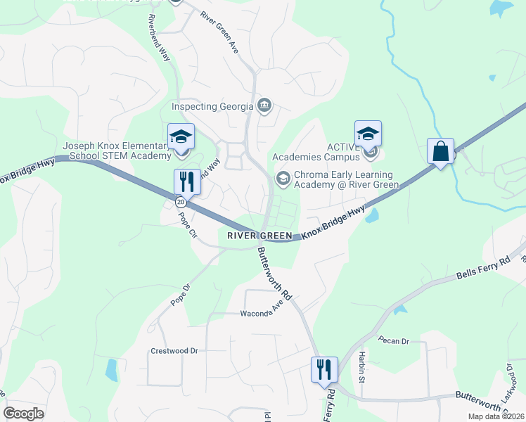 map of restaurants, bars, coffee shops, grocery stores, and more near 203 River Green Avenue in Canton