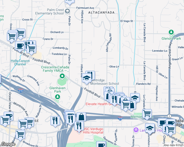 map of restaurants, bars, coffee shops, grocery stores, and more near 4639 El Camino Corto in La Cañada Flintridge