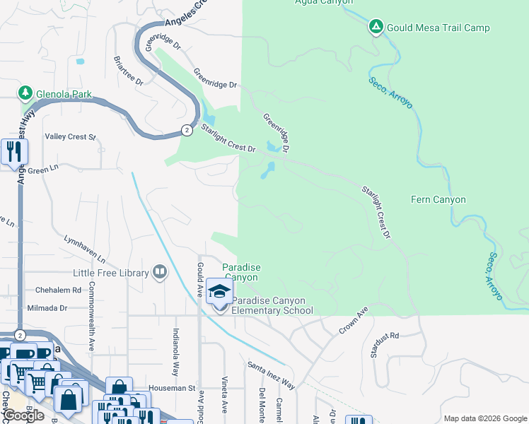 map of restaurants, bars, coffee shops, grocery stores, and more near 5419 Godbey Drive in La Cañada Flintridge