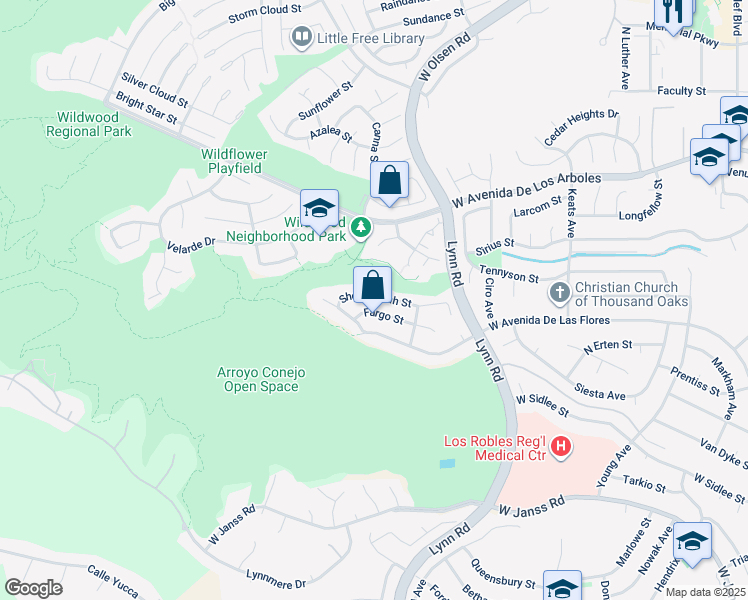 map of restaurants, bars, coffee shops, grocery stores, and more near 602 Shenandoah Street in Thousand Oaks
