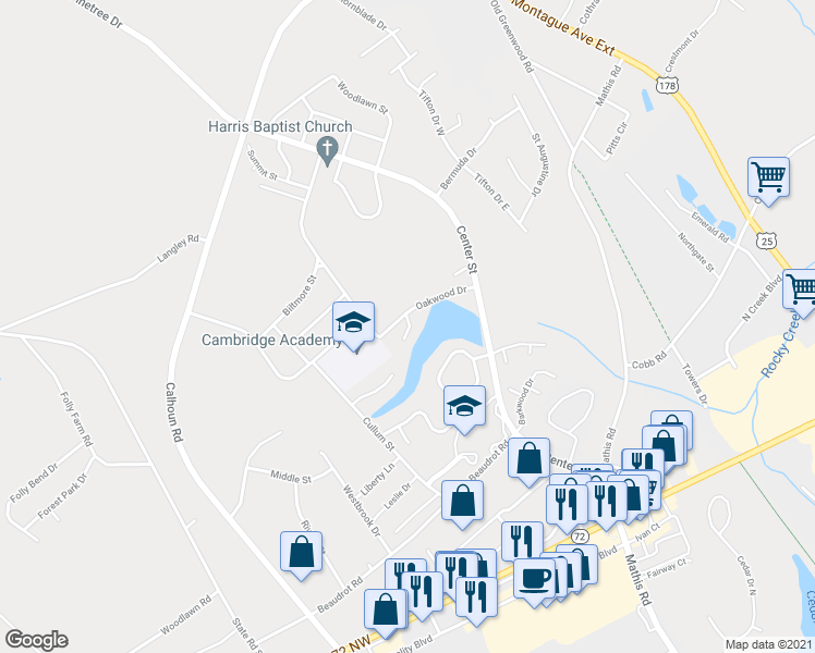 map of restaurants, bars, coffee shops, grocery stores, and more near 104 Longleaf Court in Greenwood