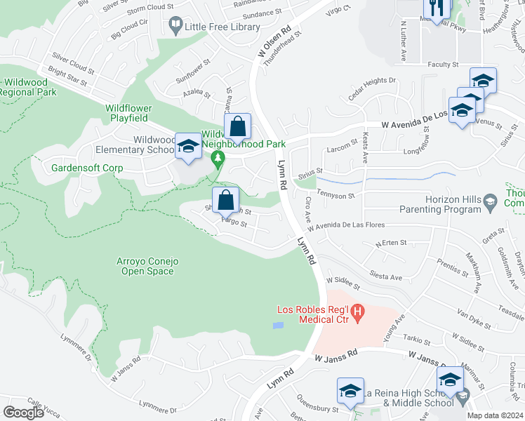 map of restaurants, bars, coffee shops, grocery stores, and more near 483 Shenandoah Street in Thousand Oaks