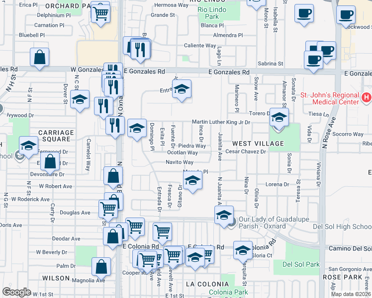 map of restaurants, bars, coffee shops, grocery stores, and more near 710 Piedra Way in Oxnard