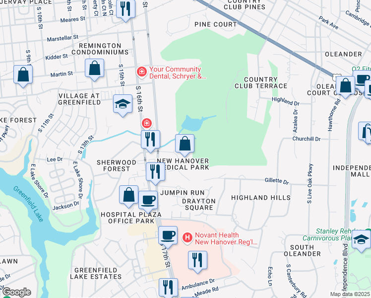 map of restaurants, bars, coffee shops, grocery stores, and more near 1725 New Hanover Medical Park Drive in Wilmington