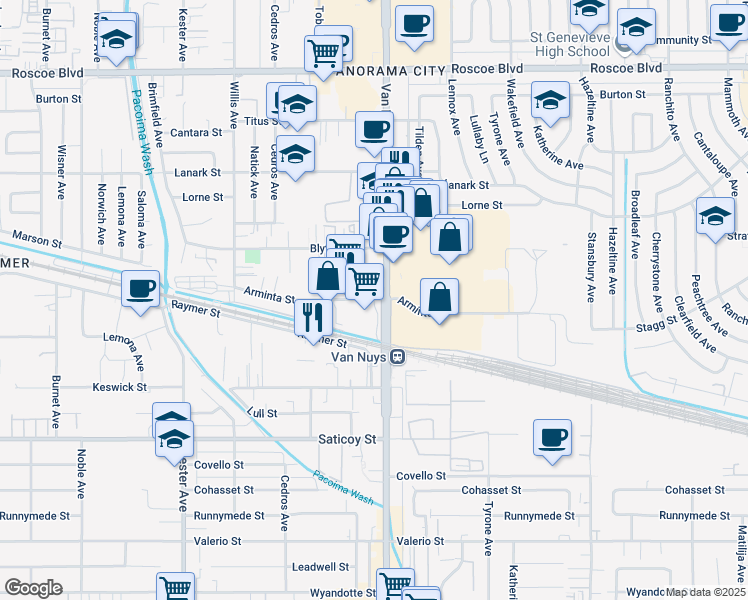 map of restaurants, bars, coffee shops, grocery stores, and more near 9618 North Van Nuys Boulevard West in Los Angeles