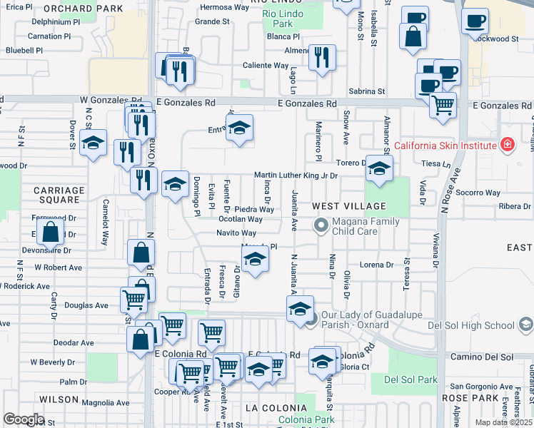 map of restaurants, bars, coffee shops, grocery stores, and more near 840 Piedra Way in Oxnard
