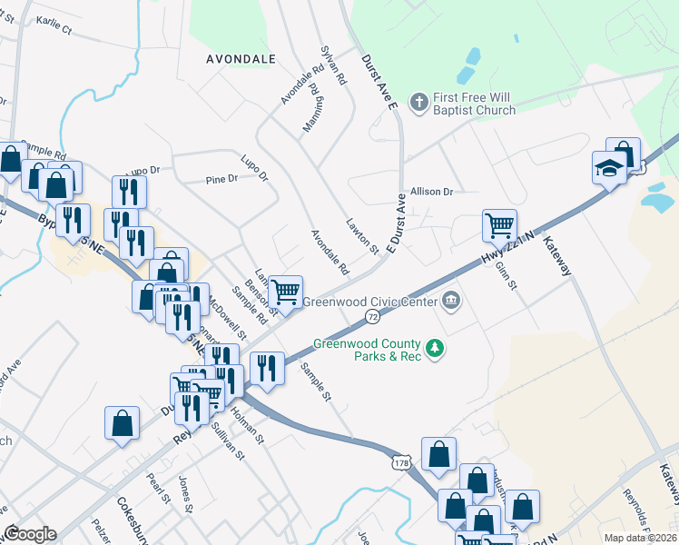 map of restaurants, bars, coffee shops, grocery stores, and more near 101 Avondale Road in Greenwood