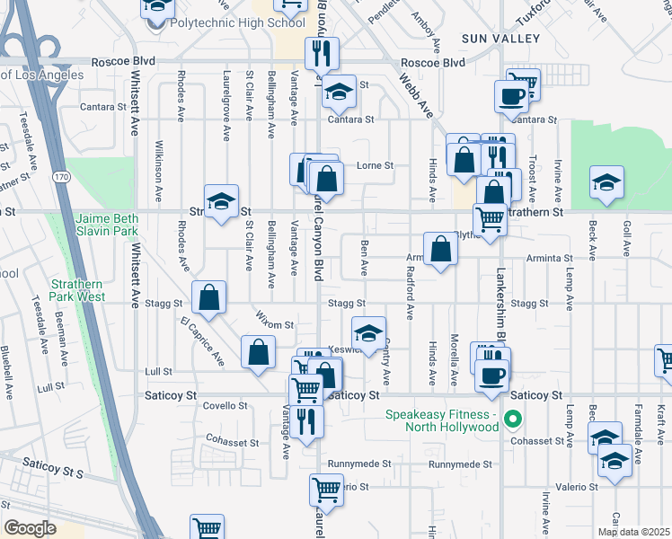 map of restaurants, bars, coffee shops, grocery stores, and more near 7845 Agnes Avenue in Los Angeles