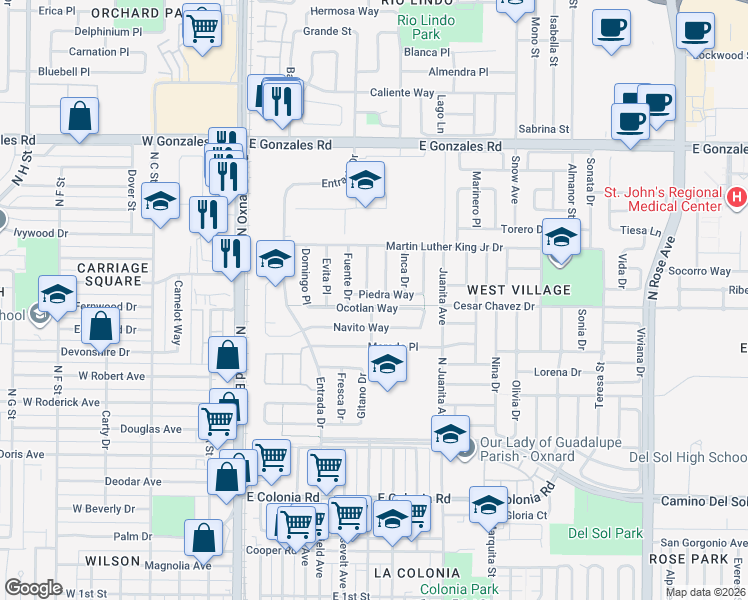 map of restaurants, bars, coffee shops, grocery stores, and more near 710 Piedra Way in Oxnard