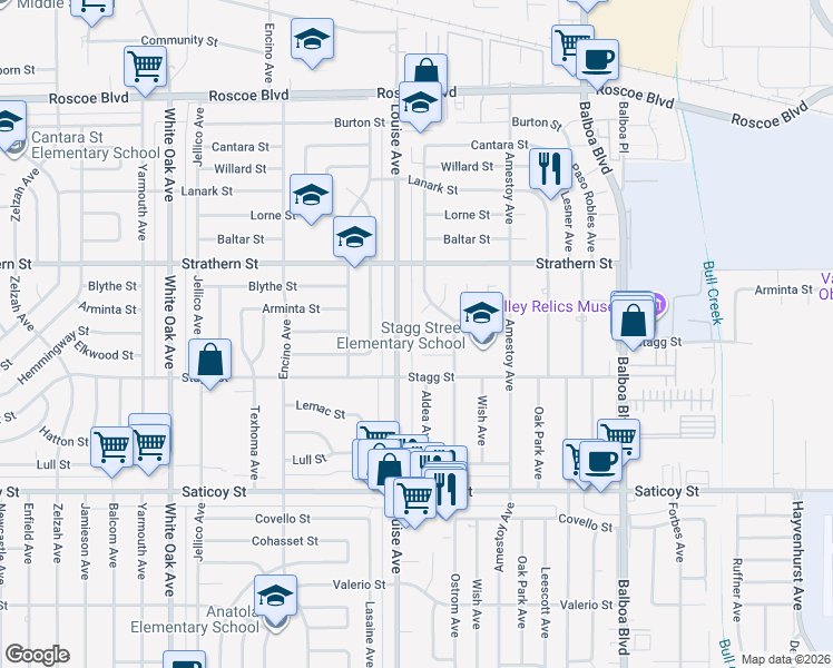 map of restaurants, bars, coffee shops, grocery stores, and more near 17240 Hemmingway Street in Los Angeles