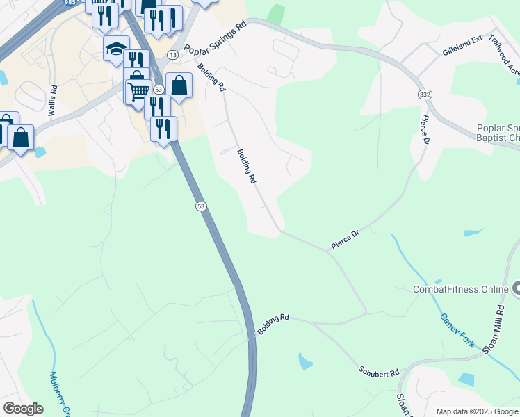 map of restaurants, bars, coffee shops, grocery stores, and more near 3788 Bolding Road in Flowery Branch