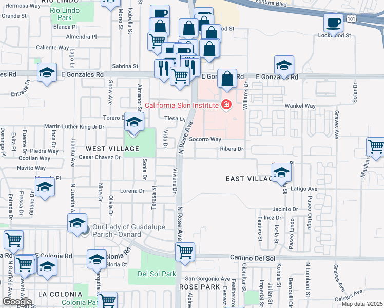 map of restaurants, bars, coffee shops, grocery stores, and more near 1311 Concha Street in Oxnard