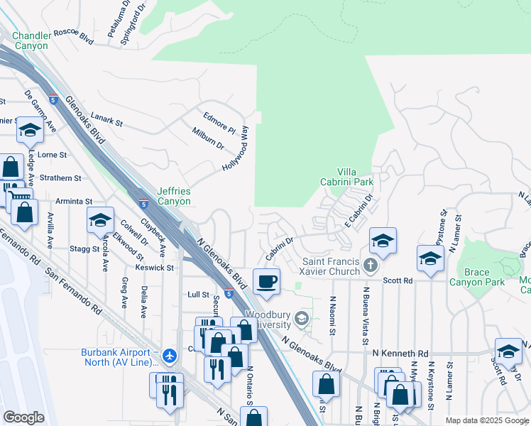 map of restaurants, bars, coffee shops, grocery stores, and more near 9773 Vía Roma in Burbank
