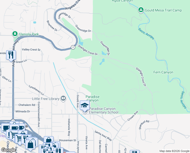 map of restaurants, bars, coffee shops, grocery stores, and more near 5451 Godbey Drive in La Cañada Flintridge