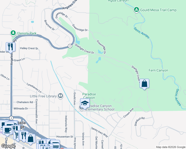map of restaurants, bars, coffee shops, grocery stores, and more near 5451 Godbey Drive in La Cañada Flintridge