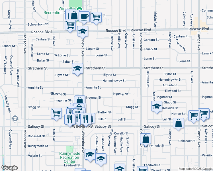 map of restaurants, bars, coffee shops, grocery stores, and more near 19923 Arminta Street in Los Angeles