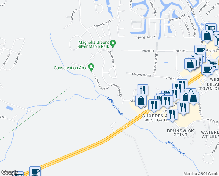 map of restaurants, bars, coffee shops, grocery stores, and more near 1004 Cherrywood Court in Leland