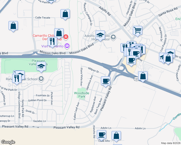 map of restaurants, bars, coffee shops, grocery stores, and more near 4387 Leatherwood Street in Camarillo