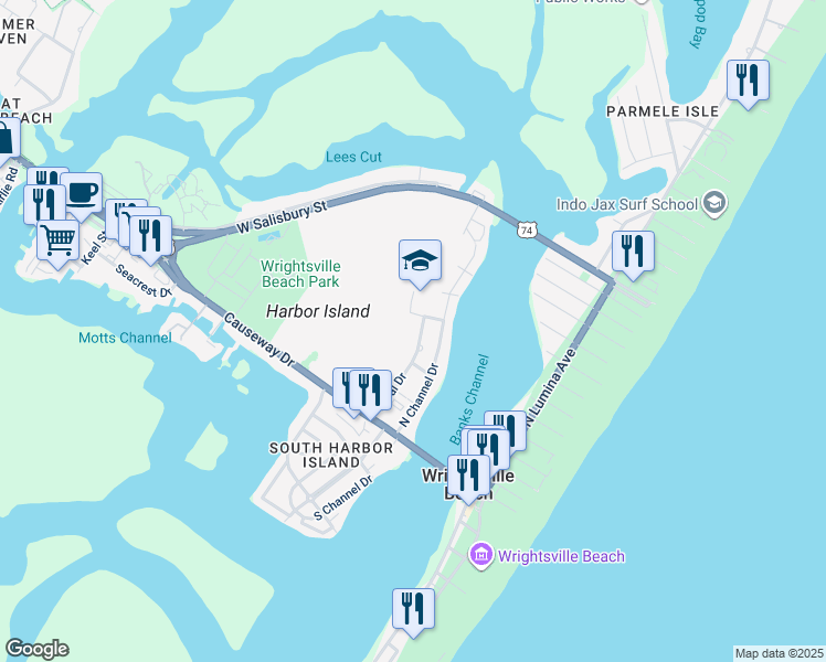 map of restaurants, bars, coffee shops, grocery stores, and more near 303 Coral Drive in Wrightsville Beach